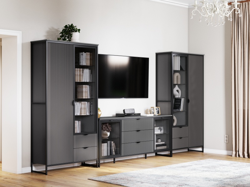 Тумба 2 дв 3 ящ "Нора" гостиная со стеклянными дверями Графит